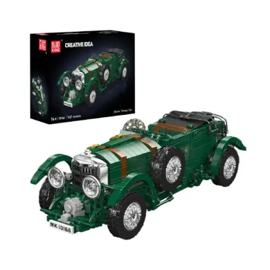 Aufgebautes Mould King 10166 Classic Blower Klemmbaustein-Automodell in British Racing Green mit Produktverpackung.