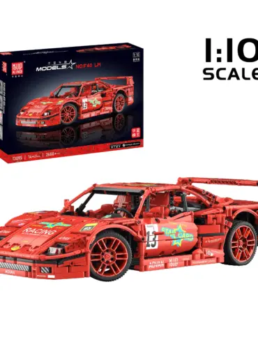 Mould King 13095 Ferrari F40 Klemmbaustein-Set und fertig gebautes Modell im Maßstab 1:10 vor Originalverpackung