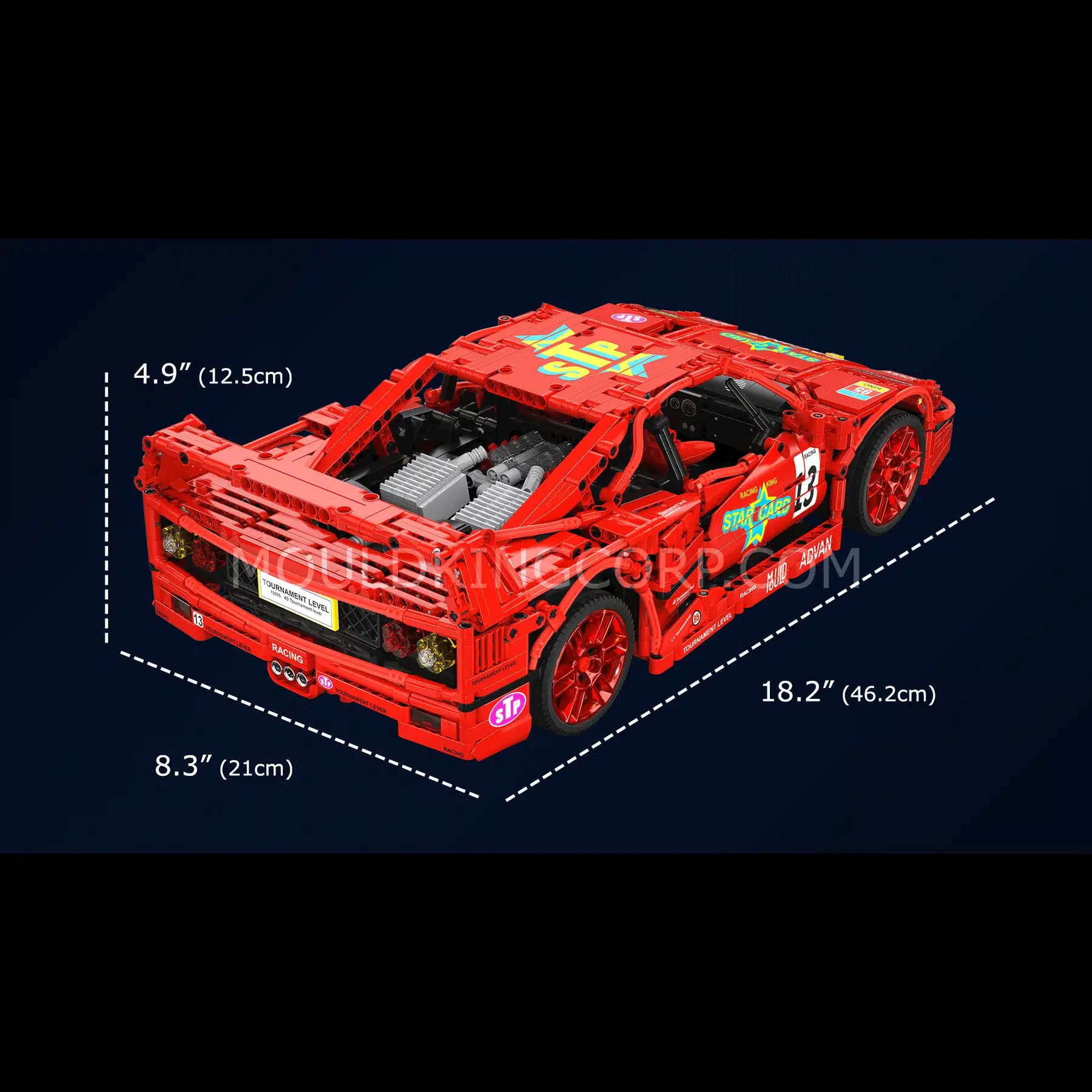 Mould King 13095 Ferrari F40 Technik-Klemmbaustein in Rot mit Rennaufklebern und Maßangaben