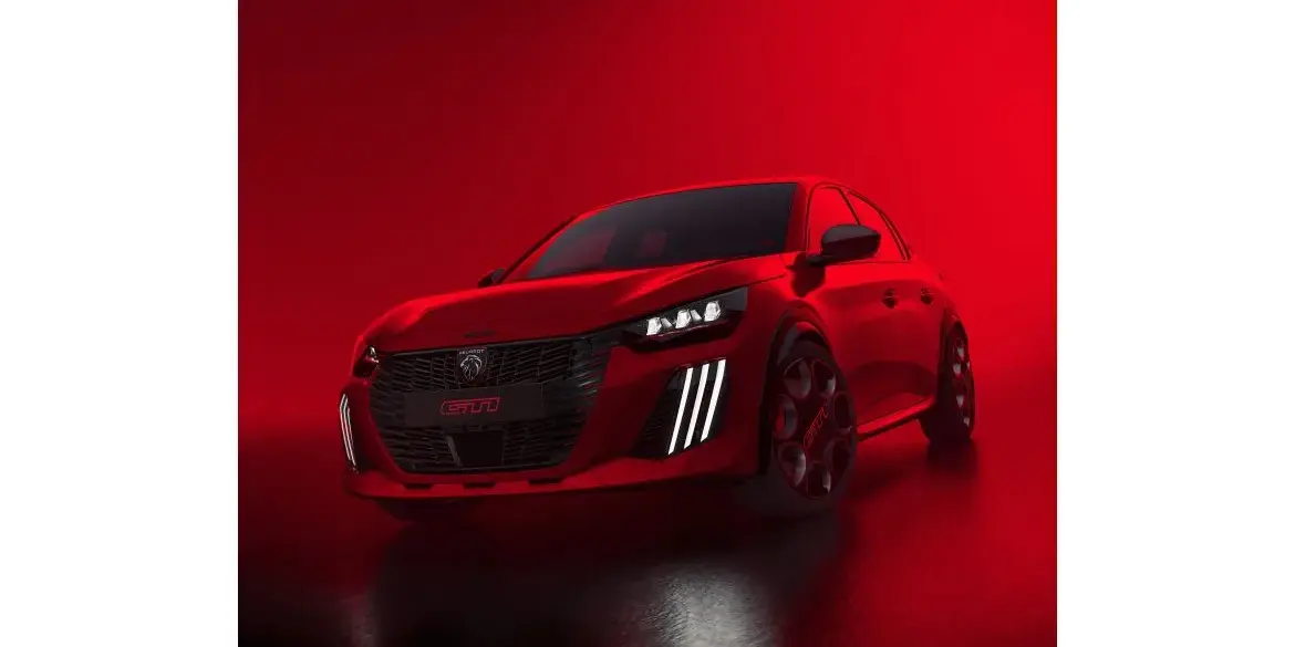 Peugeot E-208 GTi in rot mit sportlicher Front und markanter GTi-Optik