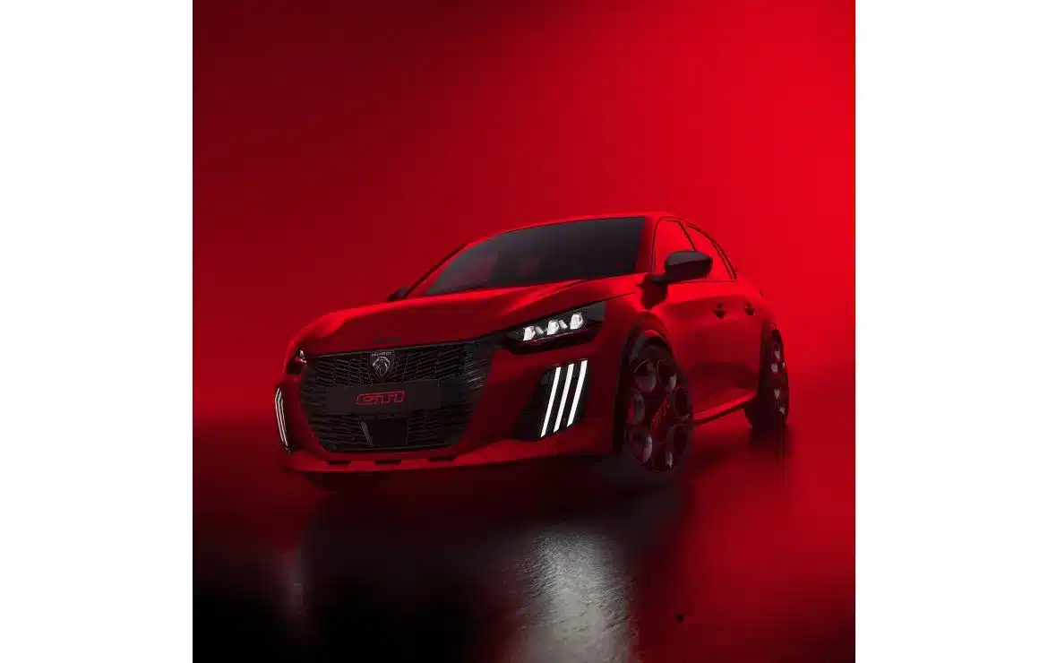 Peugeot E-208 GTi in rot mit sportlicher Front und markanter GTi-Optik