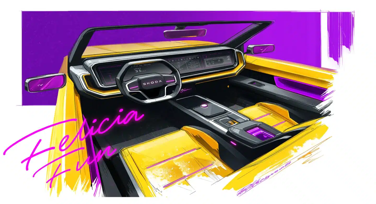 Entwurf des Innenraums der Skoda Felicia Fun Designstudie mit modernem Display und gelben Sitzen