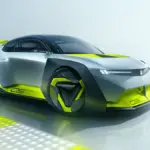 Vauxhall Corsa GSE Vision Gran Turismo Konzeptfahrzeug in futuristischem Design, seitliche Frontansicht, weiße Karosserie mit gelben und schwarzen Akzenten