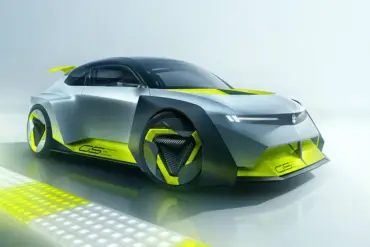 Vauxhall Corsa GSE Vision Gran Turismo Konzeptfahrzeug in futuristischem Design, seitliche Frontansicht, weiße Karosserie mit gelben und schwarzen Akzenten
