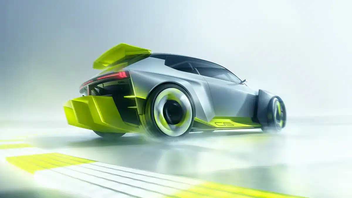 Heckansicht des vollelektrischen Konzeptfahrzeugs Vauxhall Corsa GSE Vision Gran Turismo in Weiß mit gelben Aero-Elementen und großem Heckspoiler auf Rennstrecke.