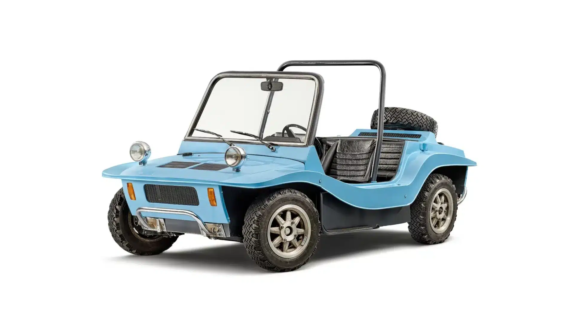 Škoda Buggy 736 in hellblau, ein türloses Freizeitfahrzeug mit Überrollbügel und robustem Design, Baujahr 1974-1975.