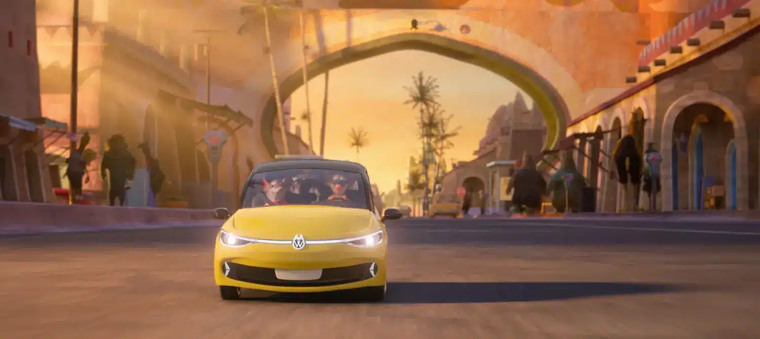 Animierter gelber Wolfswagen fährt durch die Straßen der Tiermetropole Zootopia