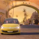 Animierter gelber Wolfswagen fährt durch die Straßen der Tiermetropole Zootopia