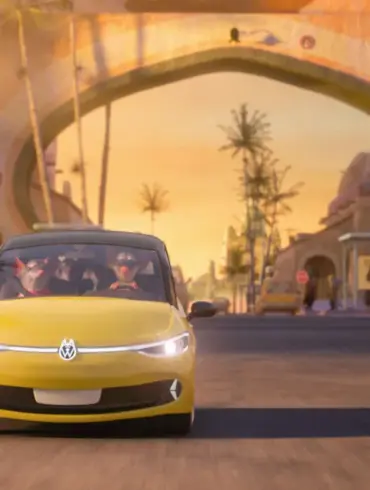 Animierter gelber Wolfswagen fährt durch die Straßen der Tiermetropole Zootopia