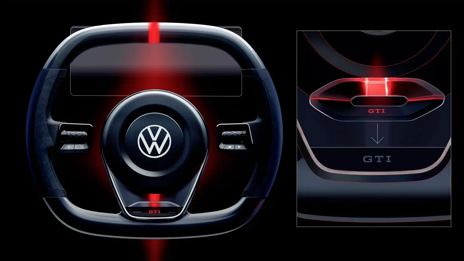 Detailansicht des Lenkrads und des Innenraums mit GTI-Schriftzug im Volkswagen ID. GTI Concept