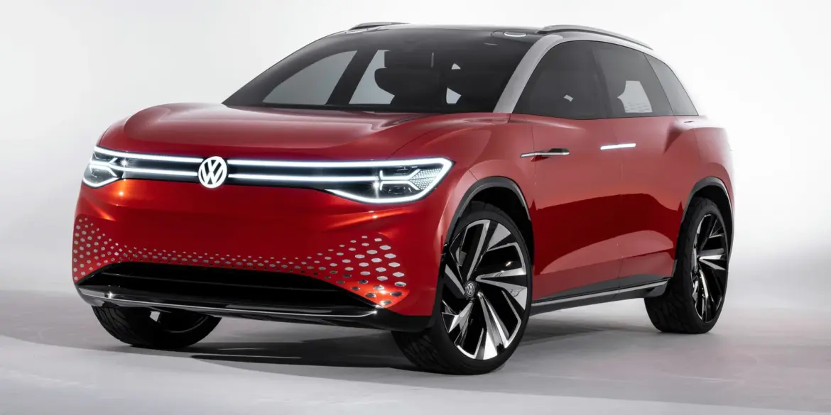 Rotes Volkswagen ID. ROOMZZ Elektro-SUV-Konzept mit markanten LED-Leuchten und futuristischem Design
