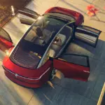 Volkswagen ID. VIZZION als Oberklasse-Elektro-Limousine mit offenem Panoramadach und allen Türen geöffnet, Vogelperspektive.