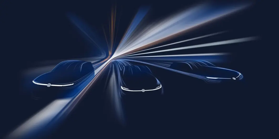 Drei skizzierte Volkswagen Konzeptfahrzeuge mit beleuchteten Fronten vor dynamischem Hintergrund, Symbolbild für neue Elektrofahrzeuge in China.