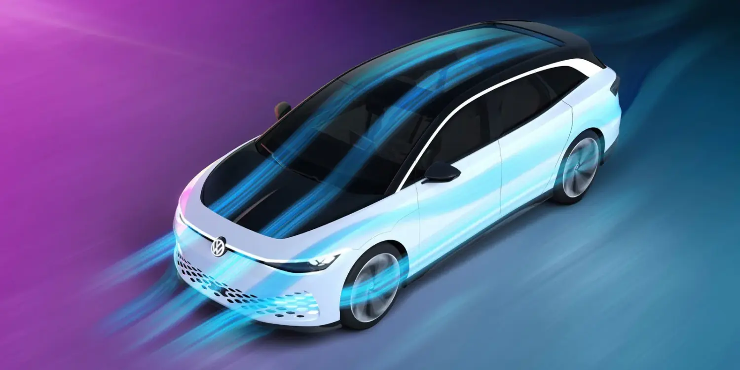 VW ID. SPACE VIZZION Konzeptfahrzeug mit hervorgehobenen Luftströmen, die die aerodynamische Gestaltung des Elektro-Gran-Turismo zeigen.