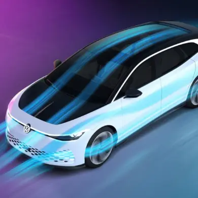 VW ID. SPACE VIZZION Konzeptfahrzeug mit hervorgehobenen Luftströmen, die die aerodynamische Gestaltung des Elektro-Gran-Turismo zeigen.