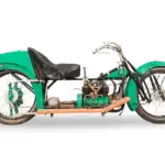 Wilkinson TAC Motorrad, Baujahr 1909, mit grünem Rahmen, Vierzylindermotor und ungewöhnlich langem, gepolstertem Sitz