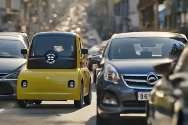Der gelbe ASTRAUX AL6, ein kompaktes Elektro-Leichtfahrzeug, fährt zwischen Autos durch eine belebte Stadtstraße.