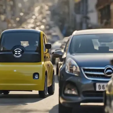 Der gelbe ASTRAUX AL6, ein kompaktes Elektro-Leichtfahrzeug, fährt zwischen Autos durch eine belebte Stadtstraße.
