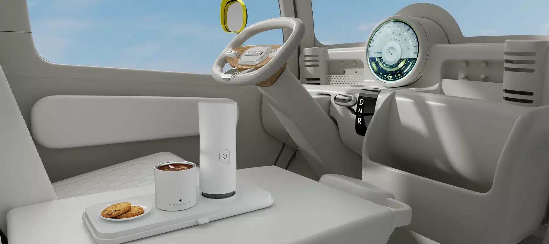 Innenraum der Elektro-Microcars ASTRAUX AL6 oder AL7 mit kreisrundem Instrumenten-Cockpit und großem Panoramafenster