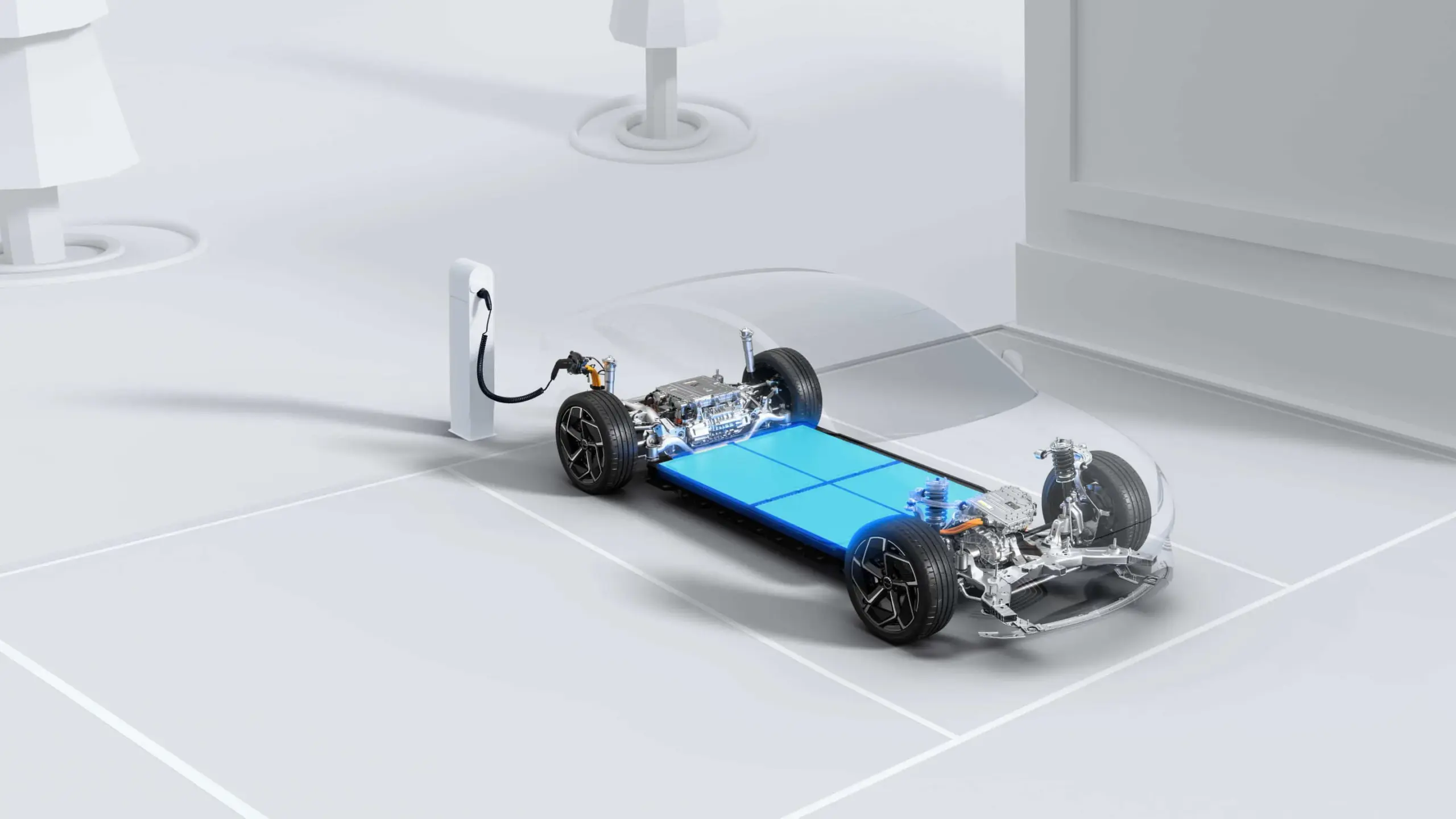 Transparente Darstellung eines BYD Seal mit sichtbarer Blade Battery, Elektroantriebsstrang und Ladesäule