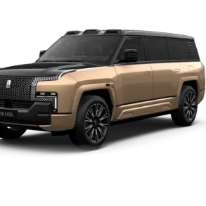 YangWang U8L Luxus-SUV in Obsidian Black und Sun Gold, seitliche Frontansicht