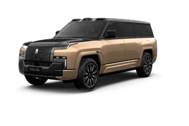 YangWang U8L Luxus-SUV in Obsidian Black und Sun Gold, seitliche Frontansicht