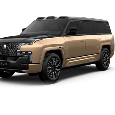 YangWang U8L Luxus-SUV in Obsidian Black und Sun Gold, seitliche Frontansicht