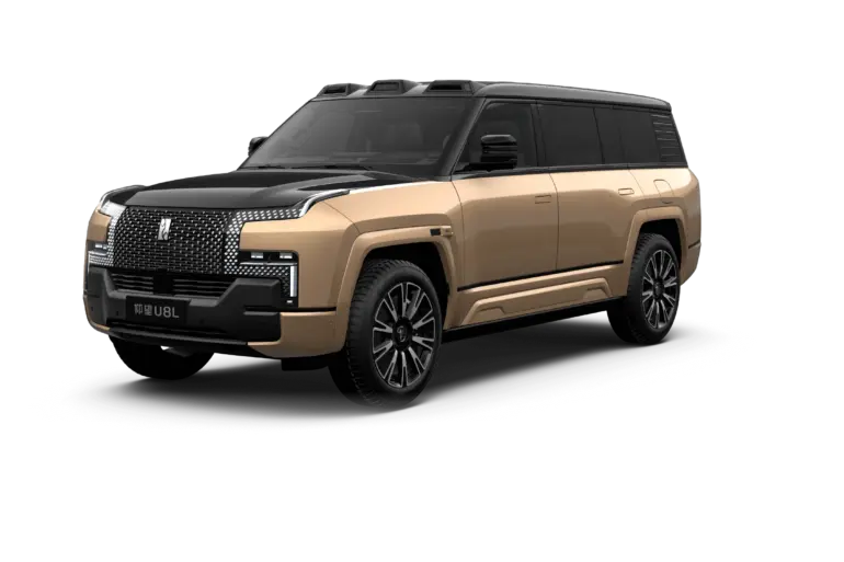 YangWang U8L Luxus-SUV in Obsidian Black und Sun Gold, seitliche Frontansicht