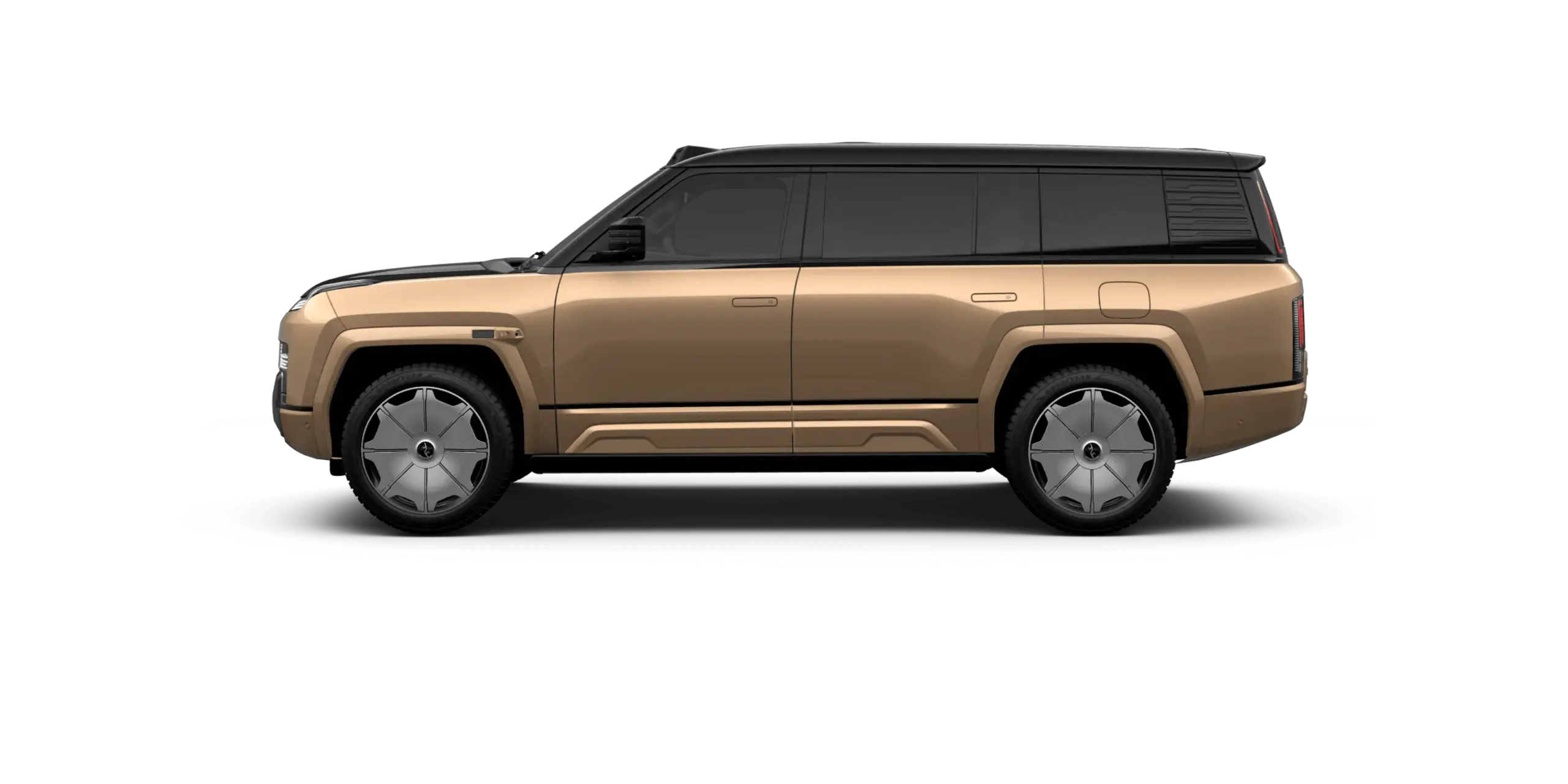 YangWang U8L Executive-SUV in gold-schwarzer Lackierung, Seitenansicht, vor schwarzem Hintergrund
