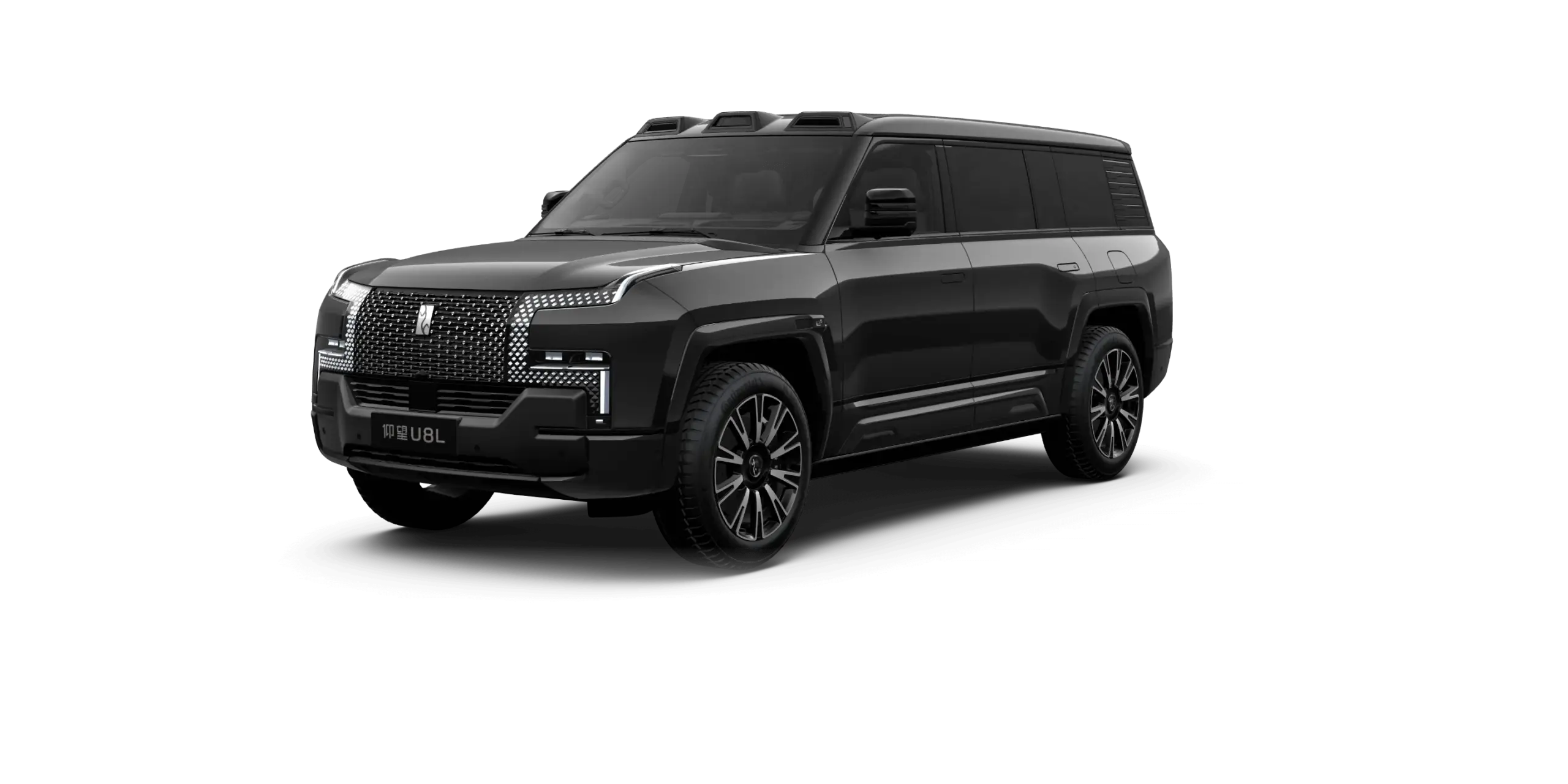 YangWang U8L Luxus-SUV, schwarze Karosserie, Frontansicht, Studiobeleuchtung