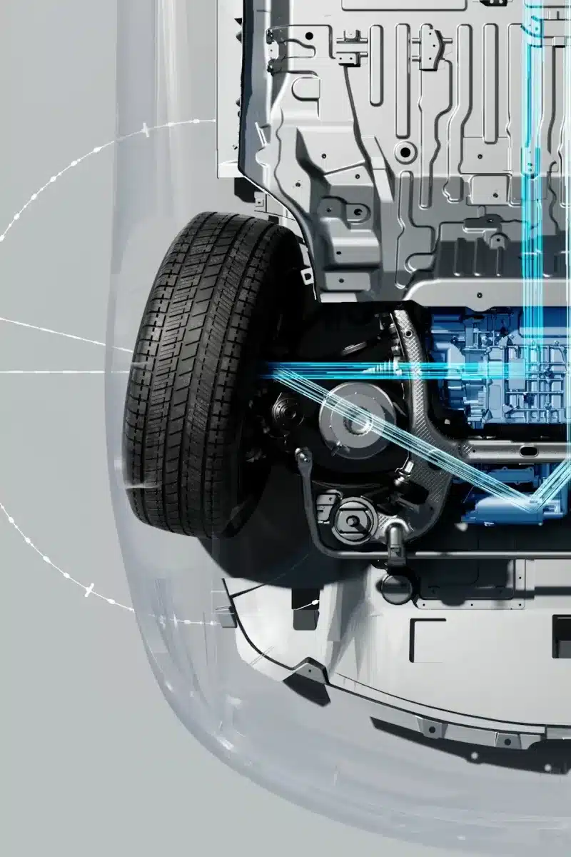 Detailansicht der e³-Plattform mit Hinterachslenkung im Denza Z9 GT