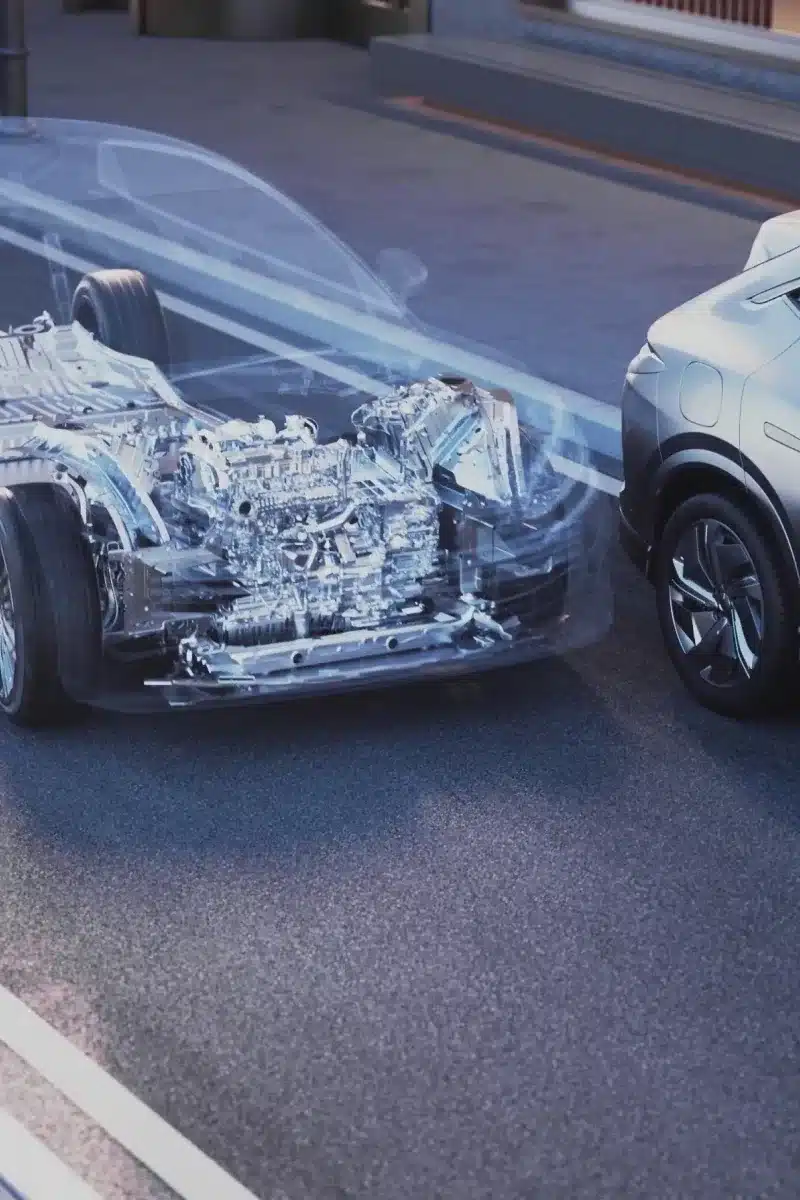 Visualisierung der e³-Architektur und Antriebskomponenten des Denza Z9 GT von vorne, mit Fokus auf Radaufhängung, Motoren und Achsen.