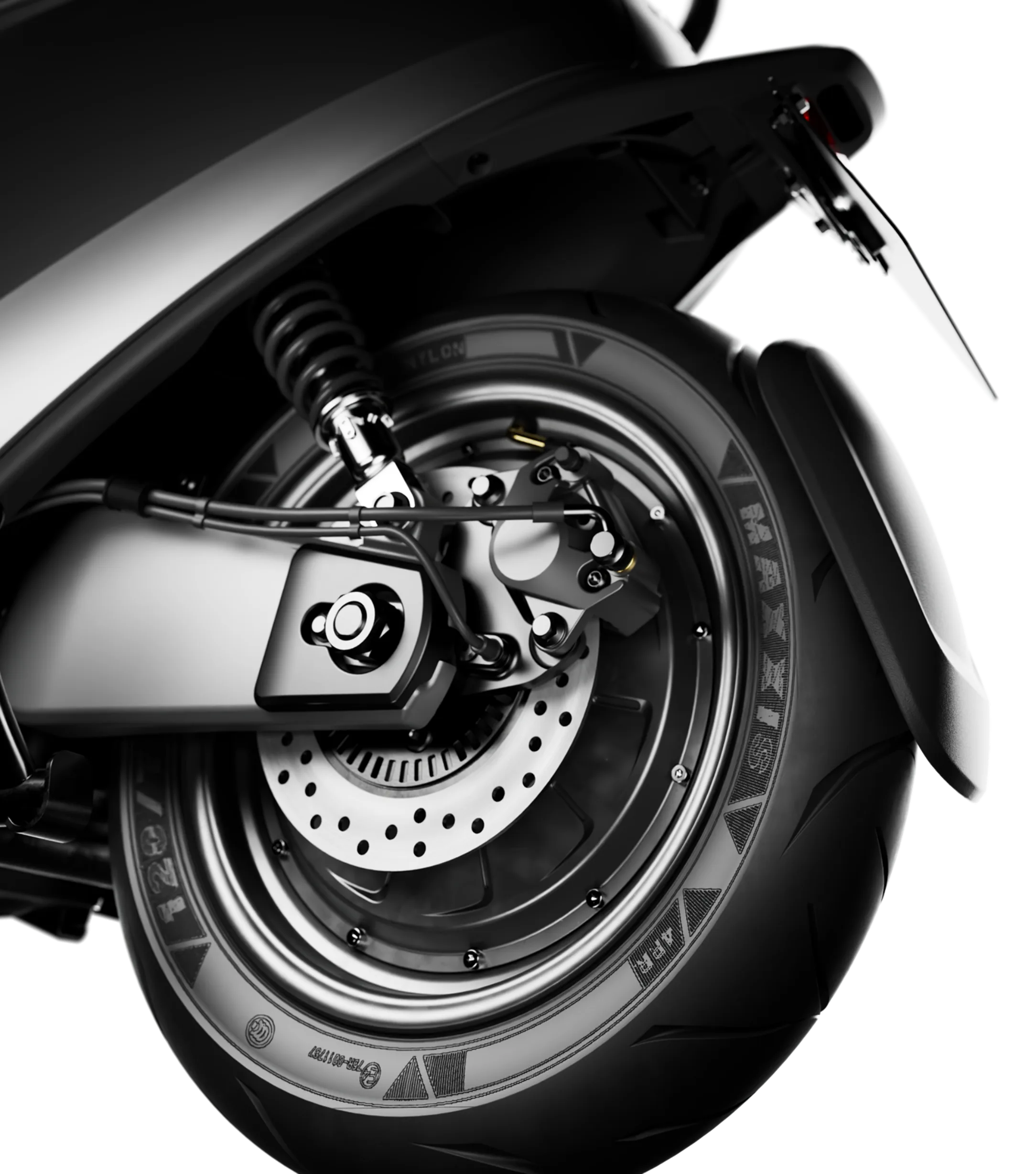 Nahaufnahme des Hinterrads der E250S mit hydraulischer Scheibenbremse, Federbein und Tubeless-Reifen.