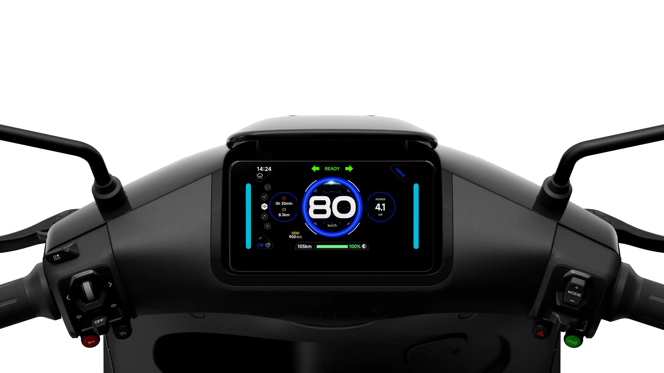 Digitales Cockpit des E250S Elektro-Motorrads mit LCD-Farbdisplay und Anzeigen für Geschwindigkeit und Akku.