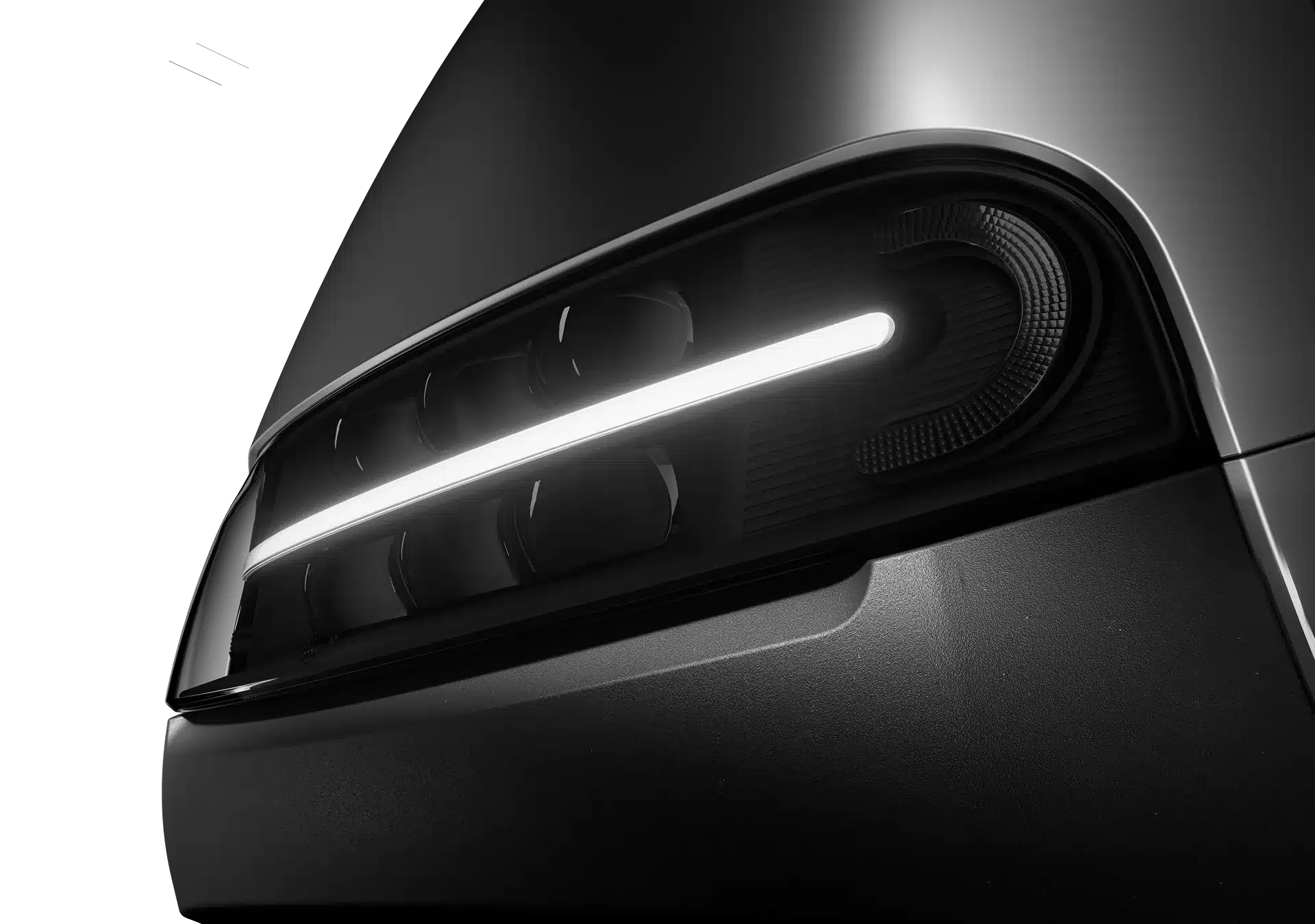 Nahaufnahme des LED-Scheinwerfers der E250S mit markanter Lichtsignatur