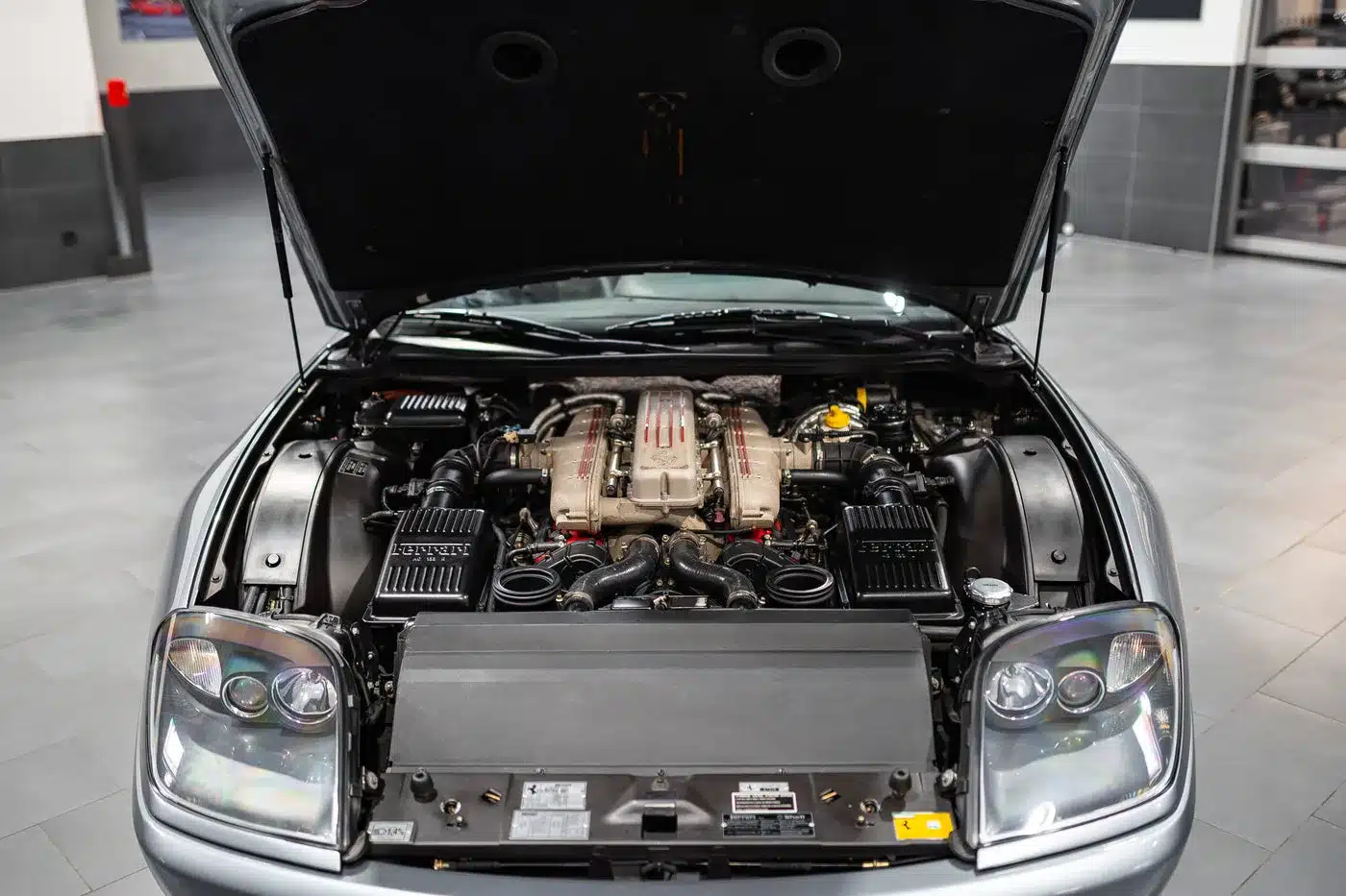 V12-Motor im Motorraum eines Ferrari 550 Maranello mit geöffneter Haube.