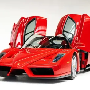 Ferrari Enzo Supersportwagen in Rot mit geöffneten Flügeltüren vor weißem Hintergrund.