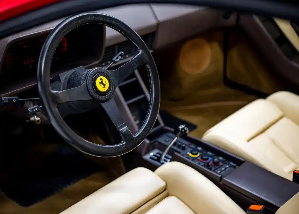 Lenkrad, Schalthebel und Armaturenbrett eines Ferrari Testarossa Monospecchio von 1986, Innenraumansicht.