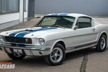 Ford Mustang Shelby GT 350 Tribute Coupé Baujahr 1965 in Weiß mit blauen Streifen, Frontansicht