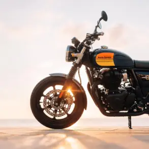 Royal Enfield Interceptor 650 Motorrad mit gelb-schwarzem Tank, seitlich fotografiert, Sonnenstrahlen im Vorderrad, Meer im Hintergrund.