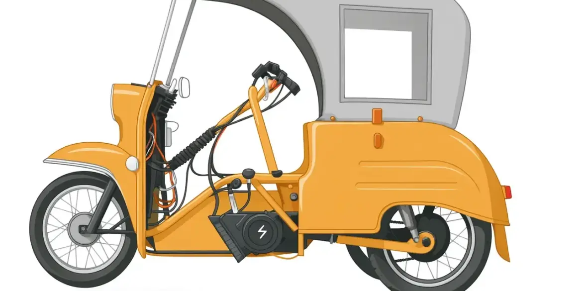 Illustrative Zeichnung eines orangenen Krause Duo mit sichtbaren elektrischen Komponenten und Batterie.