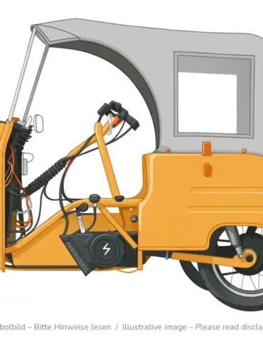 Illustrative Zeichnung eines orangenen Krause Duo mit sichtbaren elektrischen Komponenten und Batterie.
