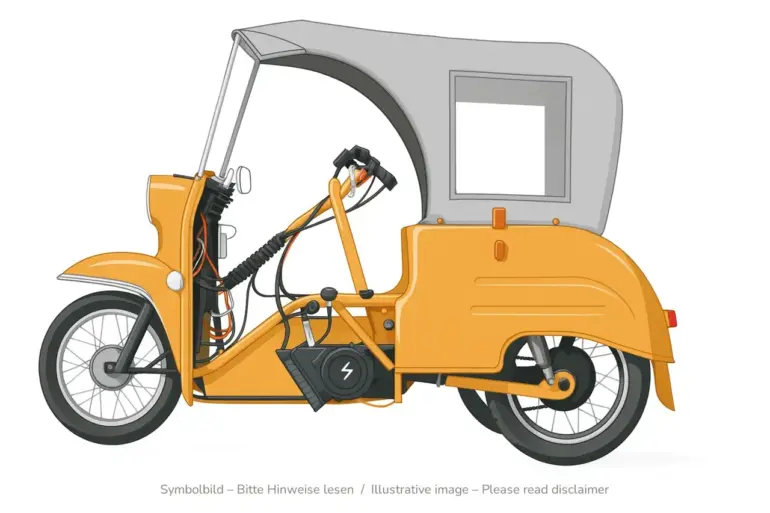 Illustrative Zeichnung eines orangenen Krause Duo mit sichtbaren elektrischen Komponenten und Batterie.