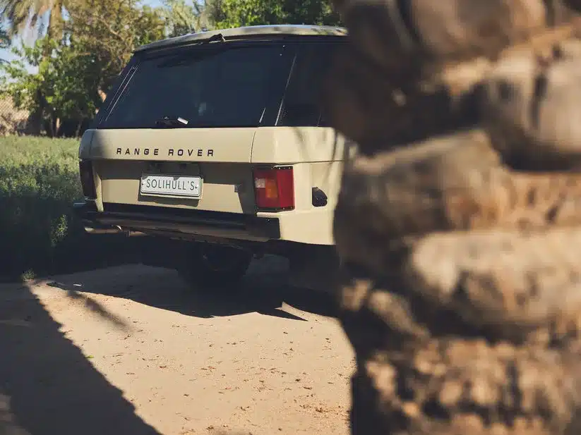 Heckansicht eines Range Rover Classic 1981 in Sahara Dust, halb verdeckt von einer Palme.