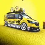 Renault Trafic als Showcar mit Renault elf-Design, Sportfelgen und Ölfässern auf dem Dach.