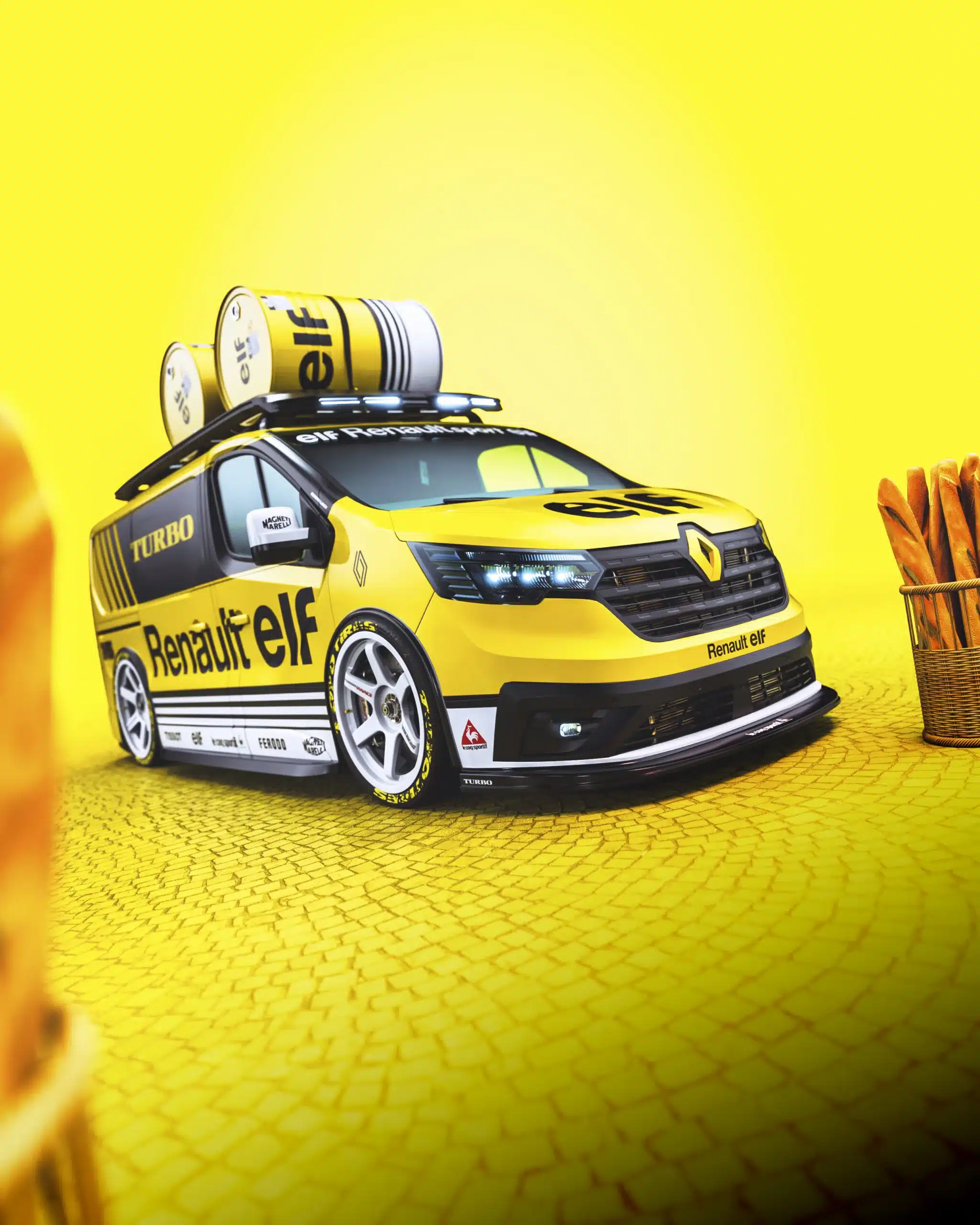 Renault Trafic mit sportlichem Renault-elf-Design und Deko-Ölfässern auf dem Dach, dargestellt als Showcar auf gelbem Pflaster, im Vordergrund ein Korb mit Baguettes.