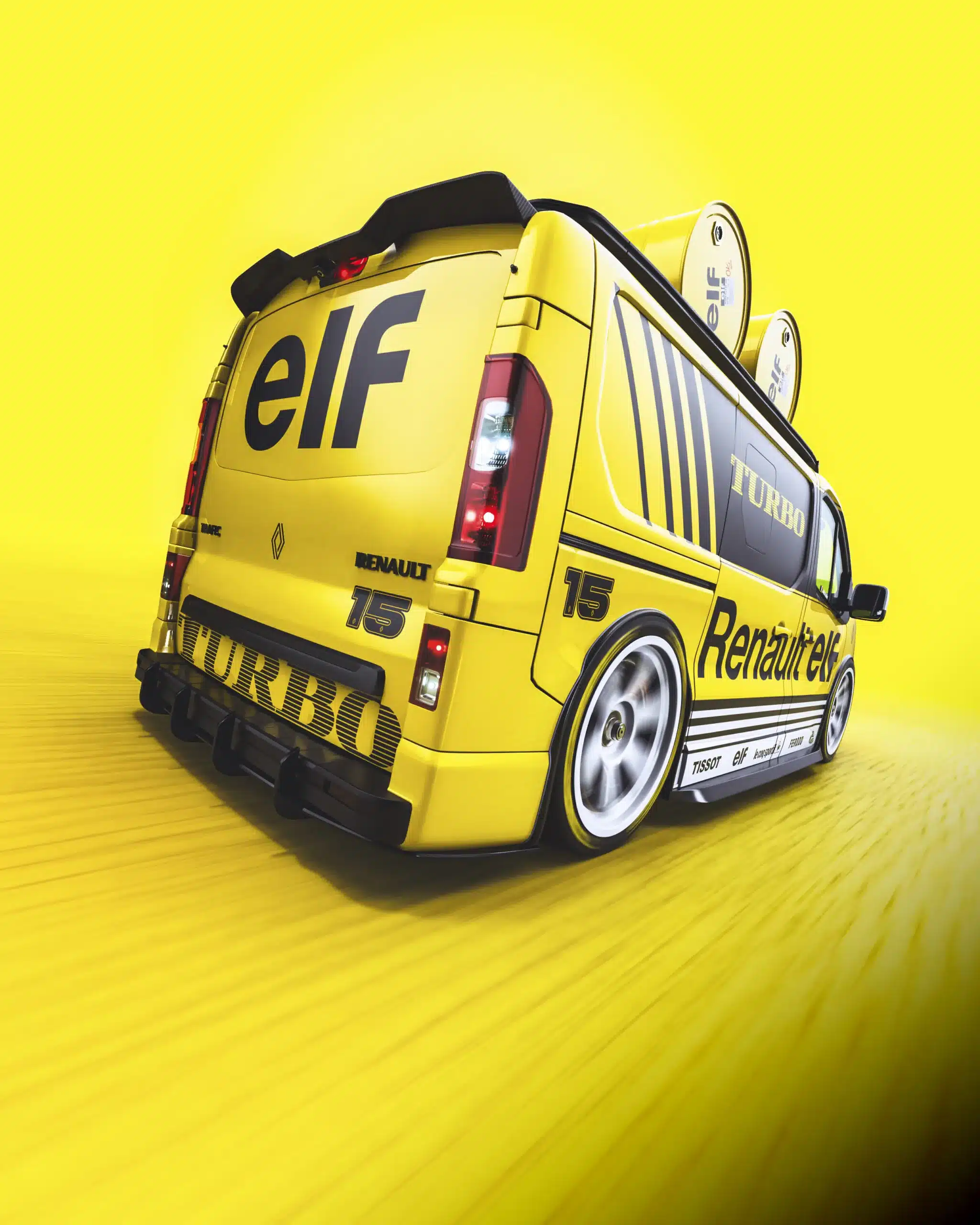 Renault Trafic in gelber Essellegi-Folierung mit elf-Logo und sportlichen Designelementen, seitliche und hintere Ansicht.