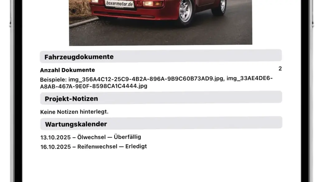 Projekt-Report eines Porsche 944 in der Restaurator App auf einem Smartphone mit Fahrzeugdaten, Bild, Wartungsübersicht und Arbeitszeiten.