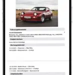 Projekt-Report eines Porsche 944 in der Restaurator App auf einem Smartphone mit Fahrzeugdaten, Bild, Wartungsübersicht und Arbeitszeiten.