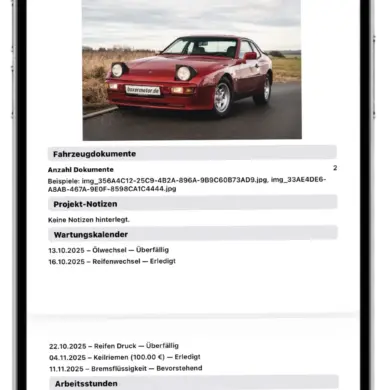 Projekt-Report eines Porsche 944 in der Restaurator App auf einem Smartphone mit Fahrzeugdaten, Bild, Wartungsübersicht und Arbeitszeiten.